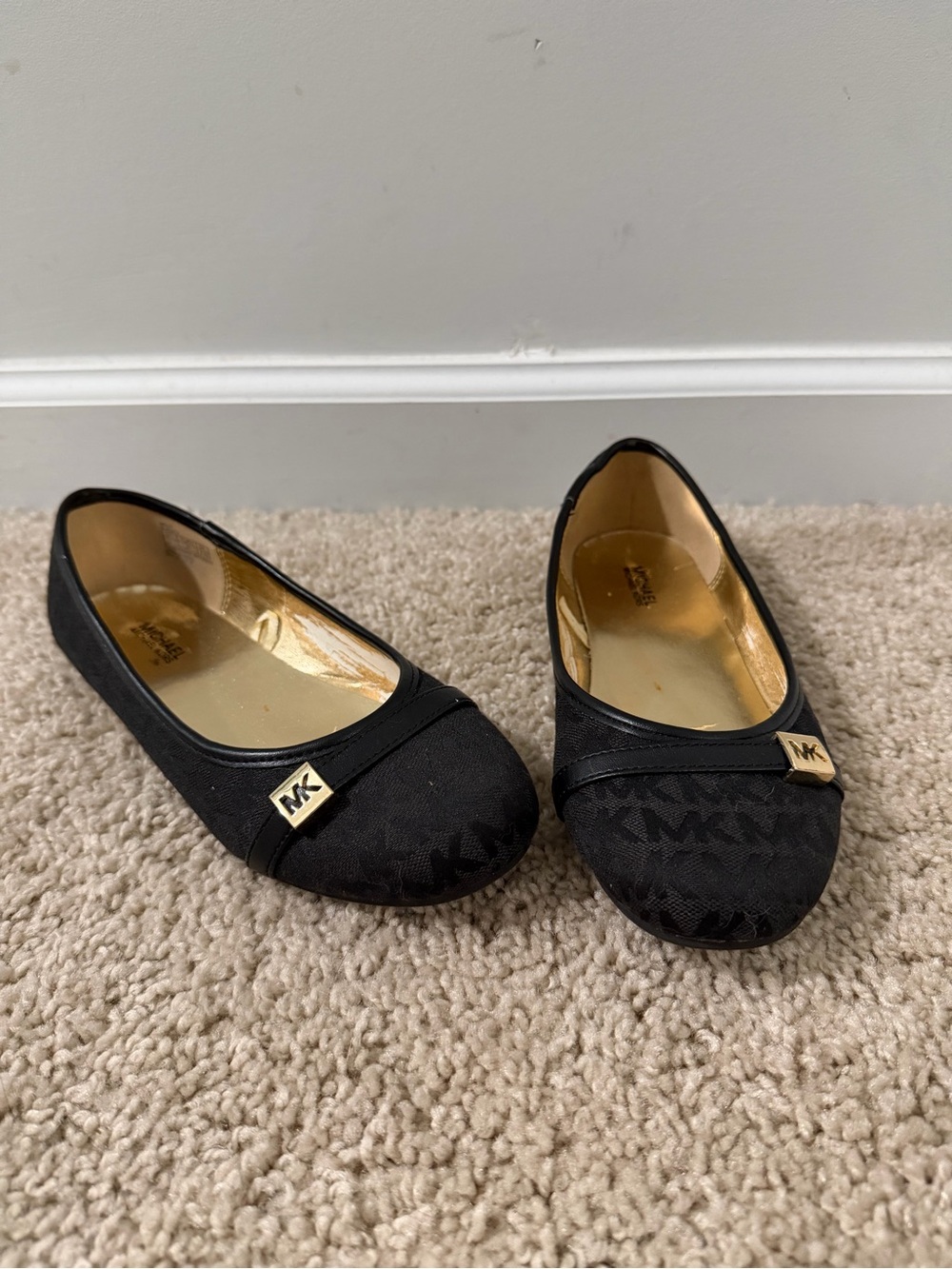 Michael Kors Black Logo Jacquard Ballet Flats with Gold Accent